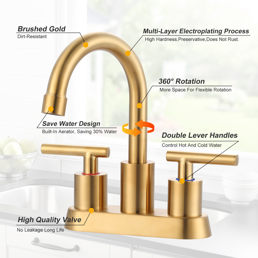 4 in. Centerset Double-Handle Bathroom Sink Faucet, Basin Faucet with Pop-Up Drain in Brushed Gold - Image 4
