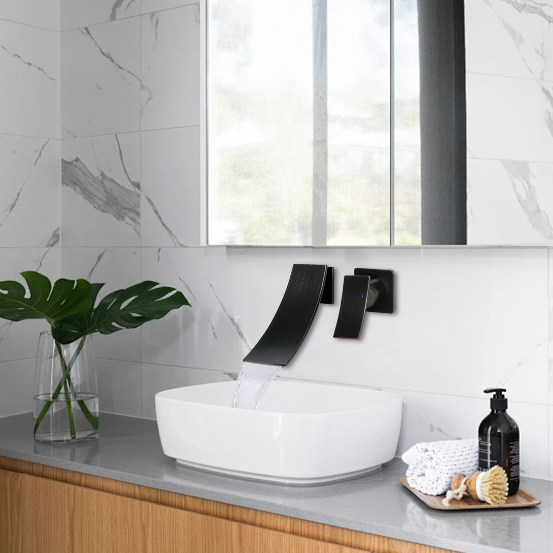 Modern Oil Rubbed Bronze Single Handle Wall Mounted Waterfall Bathroom Sink Faucet Rough in Valve Included - Image 3