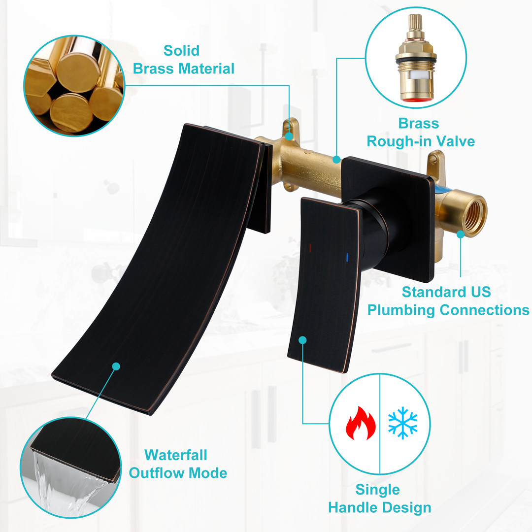 Modern Oil Rubbed Bronze Single Handle Wall Mounted Waterfall Bathroom Sink Faucet Rough in Valve Included - Image 6