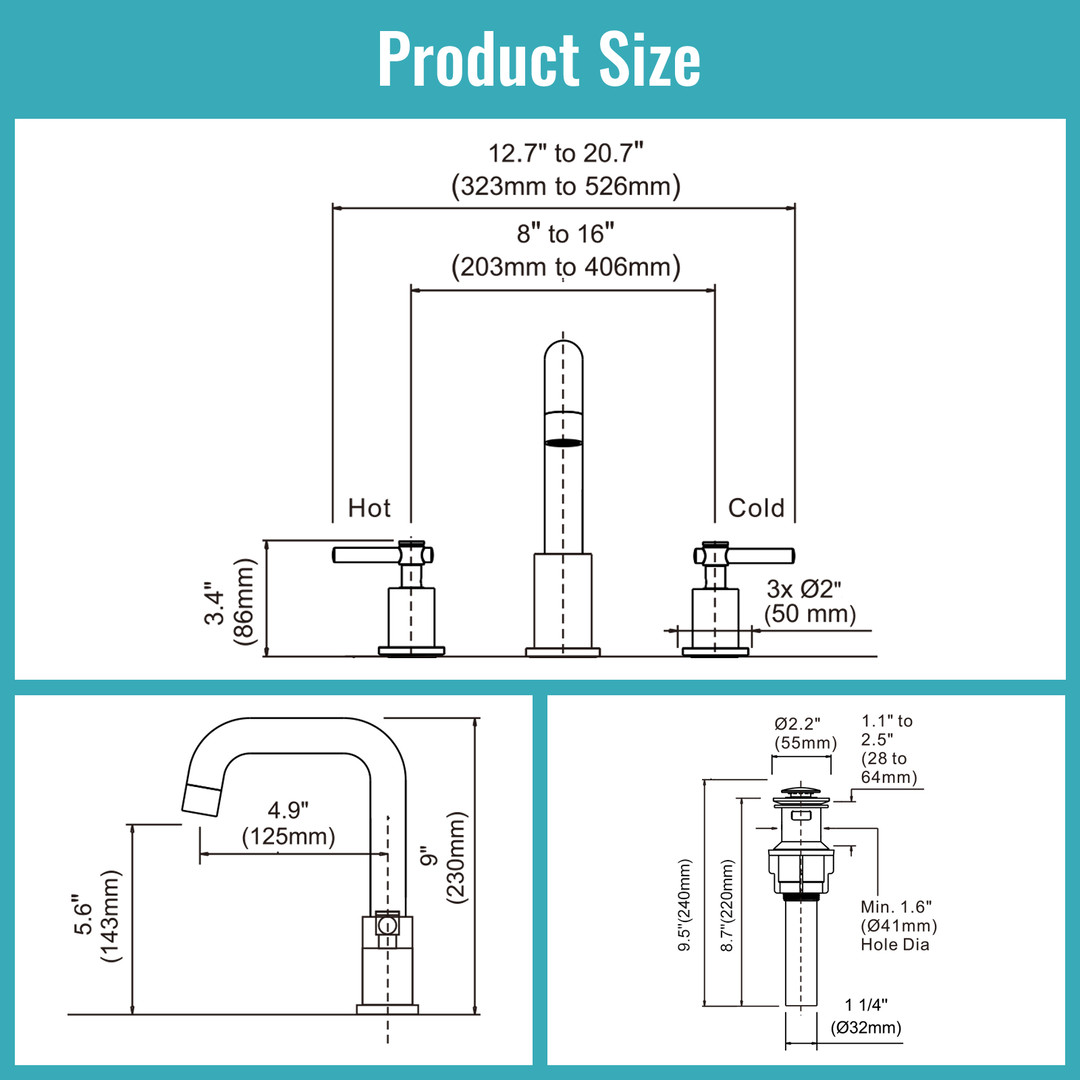 8 in Widespread Double Handle Bathroom Faucet in Black Gold 3 Holes Bathroom Sink Faucet with Pop Up Drain - Image 6