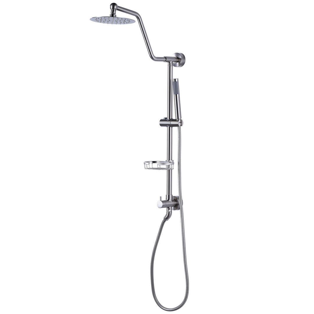 1-Spray 8 in. Round Wall Bar Shower Kit with Fixed Shower Head and Hand Shower in Brushed Nickel - Image 2