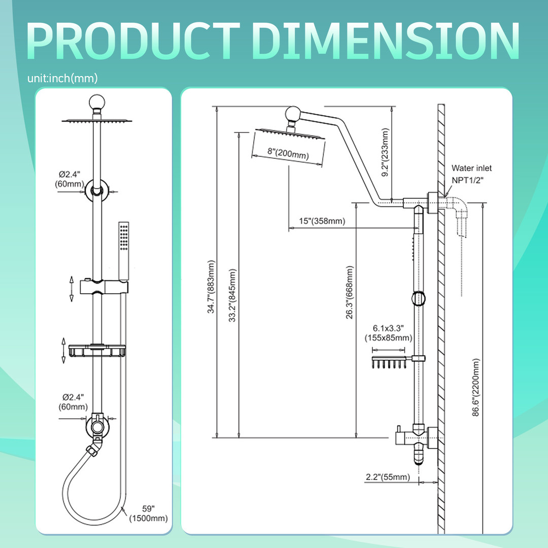 1-Spray 8 in. Round Wall Bar Shower Kit with Fixed Shower Head and Hand Shower in Brushed Nickel - Image 3