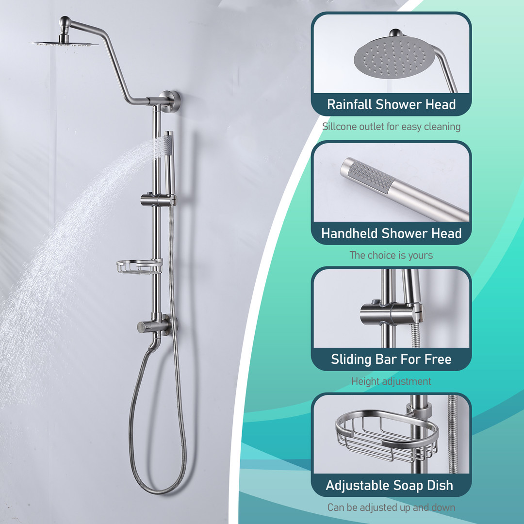 1-Spray 8 in. Round Wall Bar Shower Kit with Fixed Shower Head and Hand Shower in Brushed Nickel - Image 5