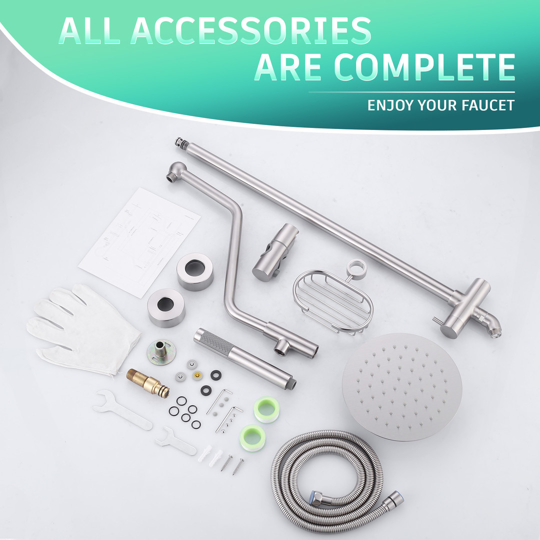 1-Spray 8 in. Round Wall Bar Shower Kit with Fixed Shower Head and Hand Shower in Brushed Nickel - Image 7